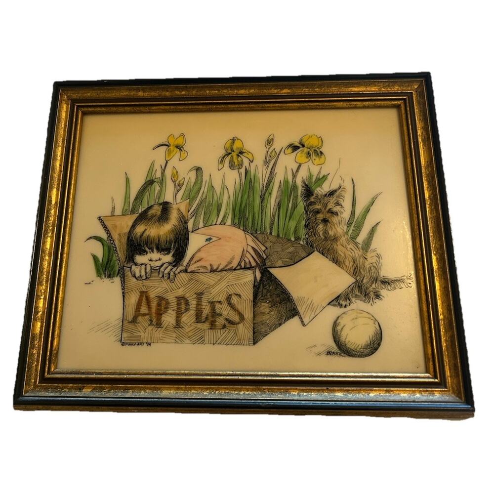 Vtg MARV-ART 1974 Framed Engraved Resin Plate Signed Girl Apple Cart Yorkie Dog